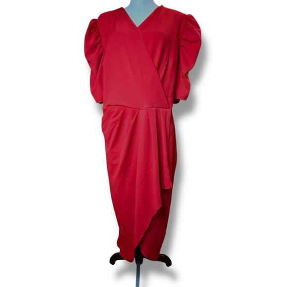 QUIZ Womens Plus Size Wrap Pleated Ruched Sleeve Red Midi Dress Size US 18 Party - Picture 2 of 12